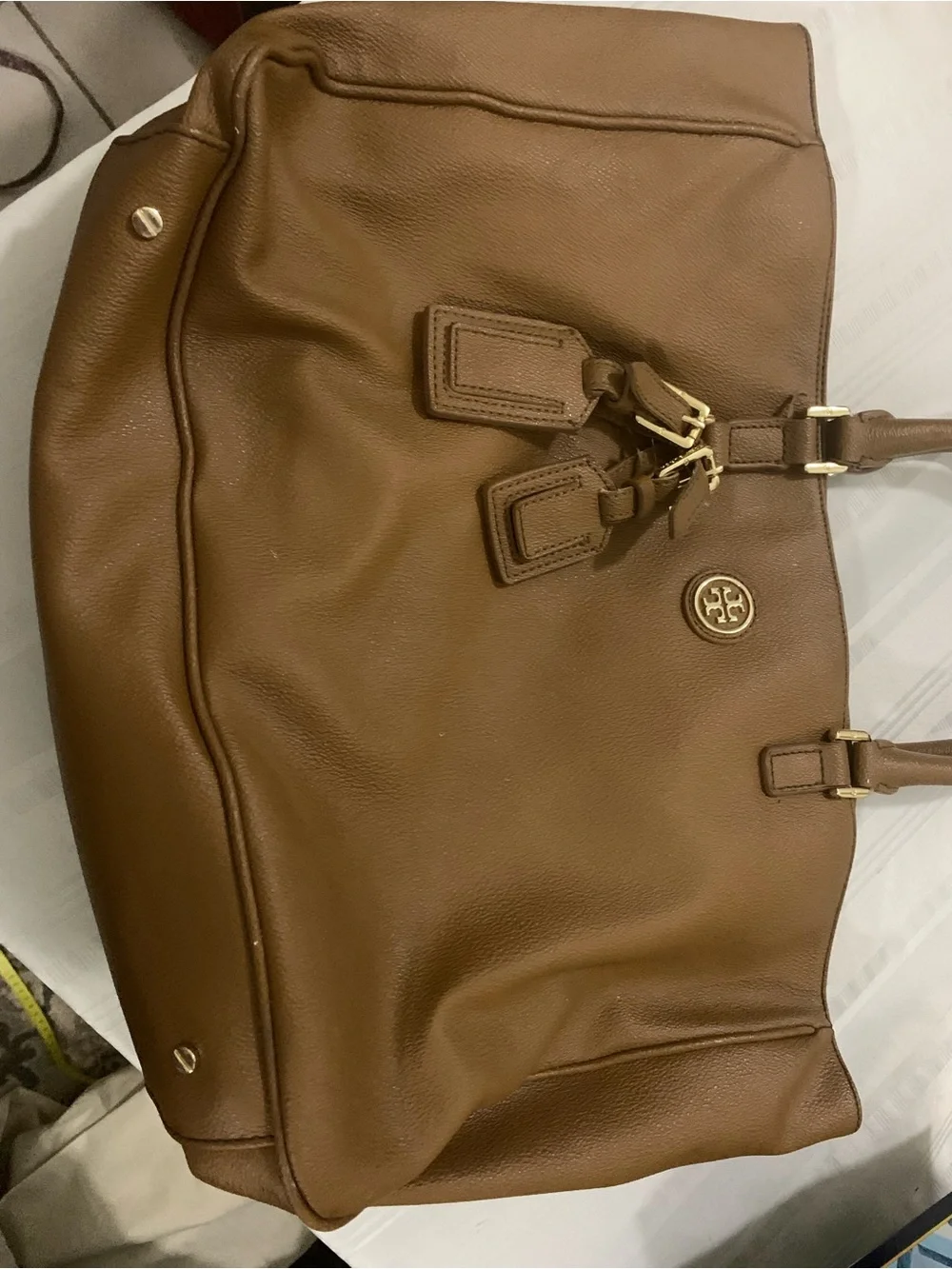 Tory Burch Cognac Pebbled Leather Tote with Gold Logo